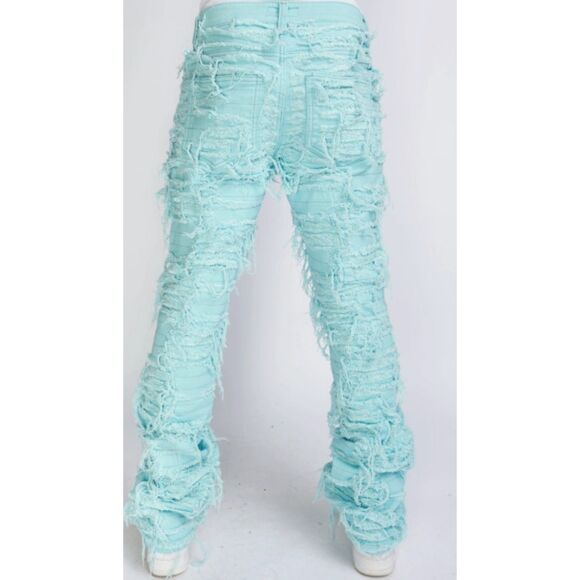 Politics Debris 503 Distressed Fringe Aqua Flare Jeans -  Size 36 - Picture 2 of 6